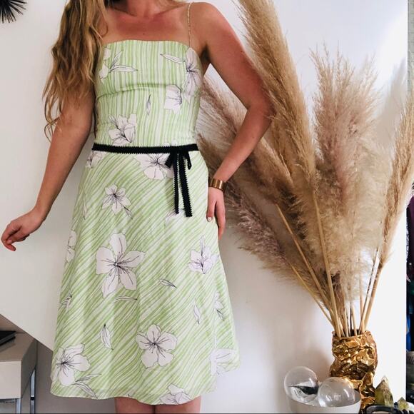 Vintage Dresses & Skirts - VINTAGE HELEN WANG Green White Striped Floral Tank Top Black Ribbon Dress 8